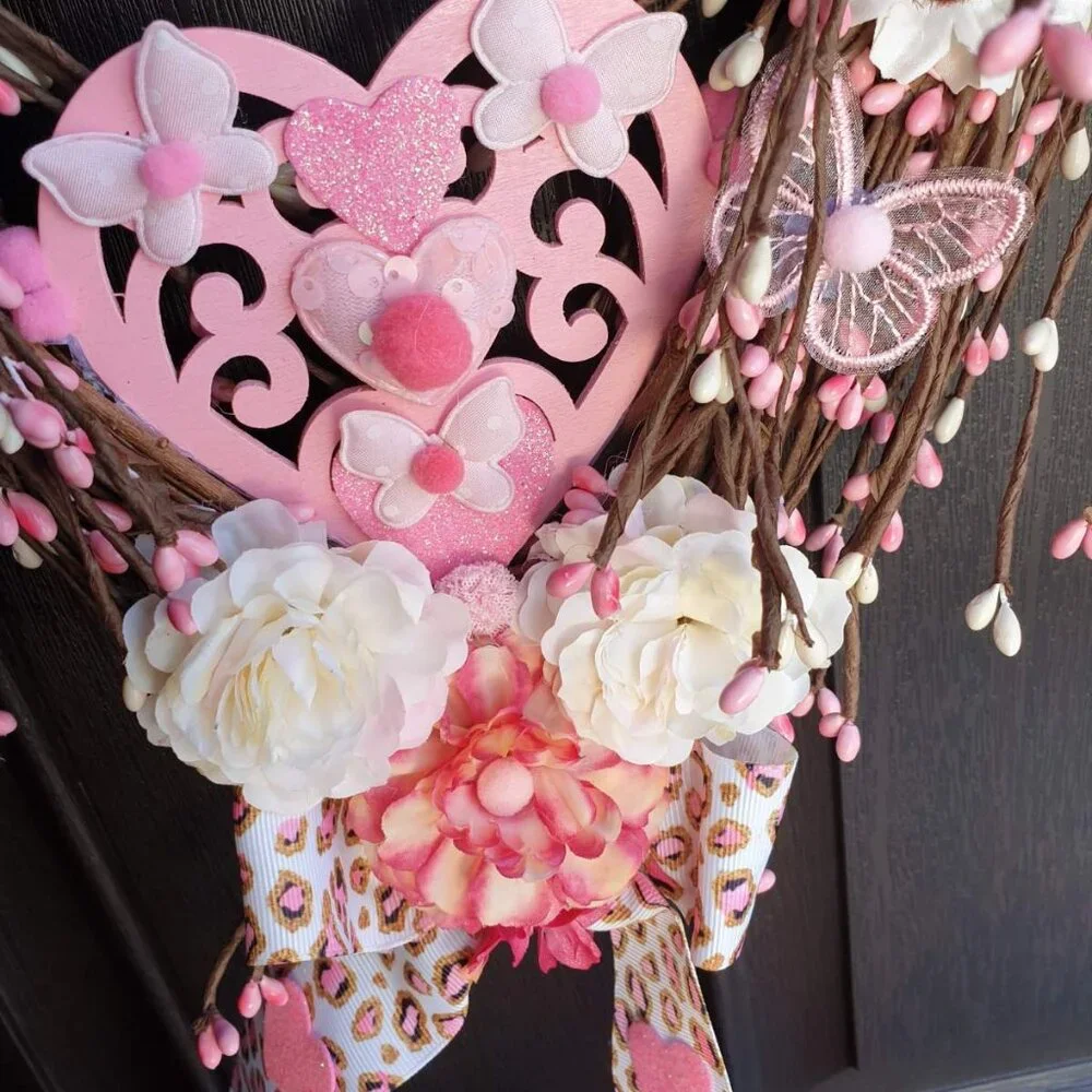 Valentine Day Heart Wreath Pink Roses Wall Hanger Door Home Office Decoration